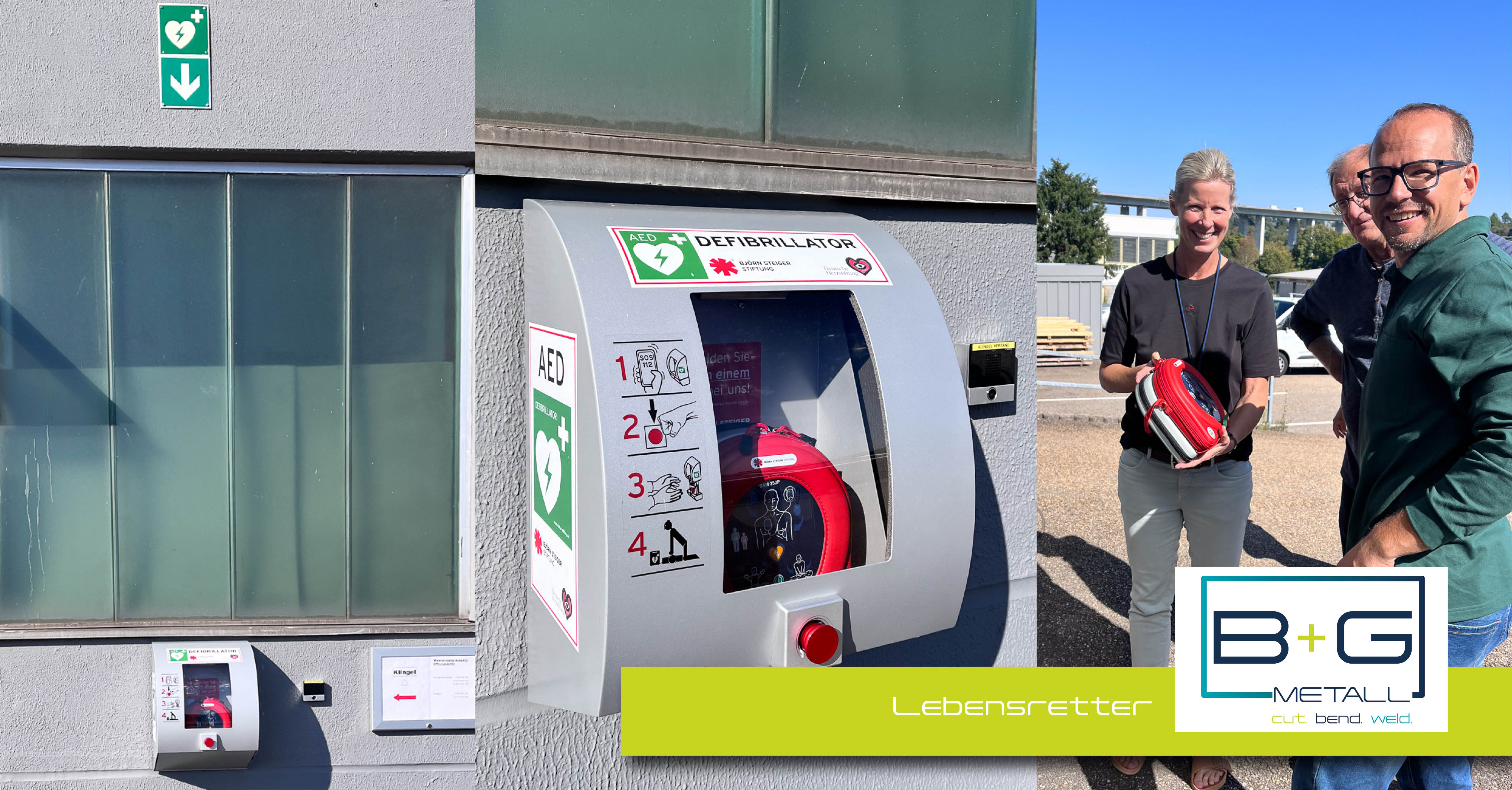 Wir arbeiten eng mit der Gemeinschaft zusammen. Unser Defibrillator ist so am Gebäude angebracht, dass im Notfall nicht nur Mitarbeiter profitieren, sondern auch die gesamte Nachbarschaft. So fördert B+G Metall auch den Zusammenhalt und die Werte des ländlichen Raums.